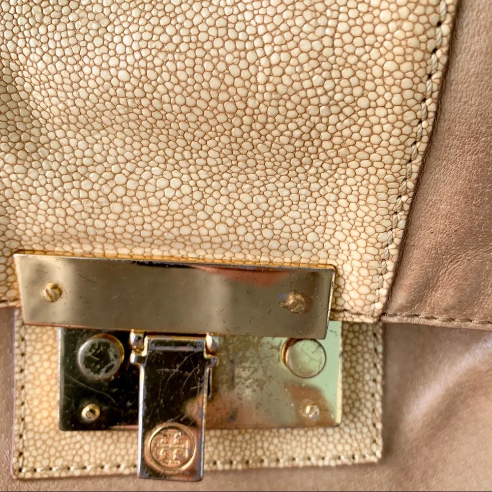 Tory Burch Tan Patterned Gold Chain Shoulder Bag